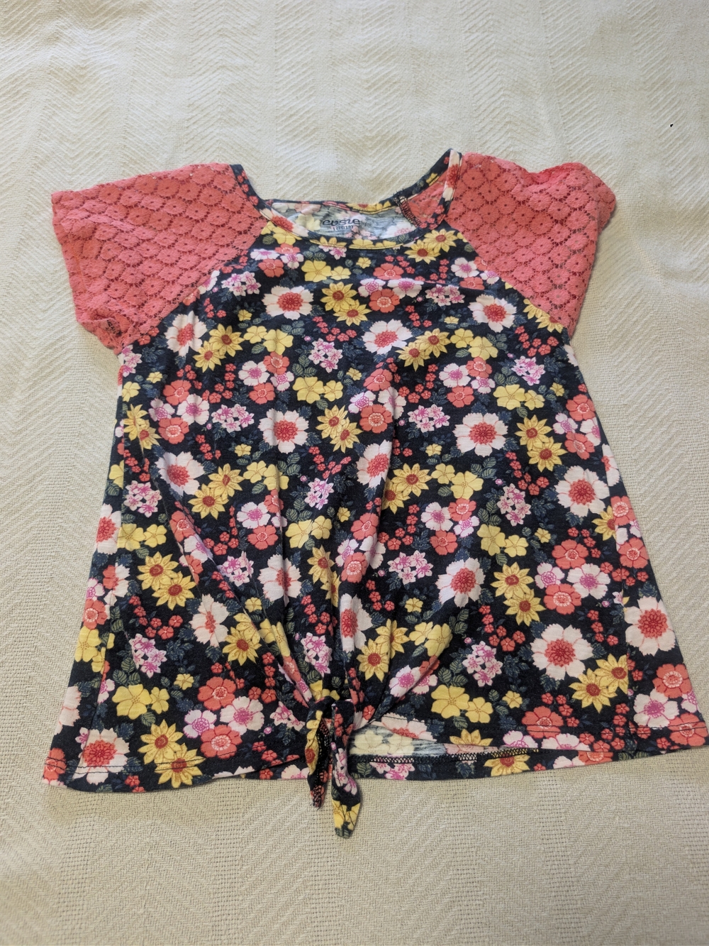 Girls' Floral Tie-Front Tee with Pink Lace Sleeves